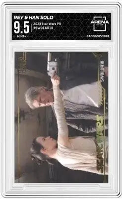 Star Wars trading card SW01URJ10 Arena Club featuring Rey and Han Solo in mint condition