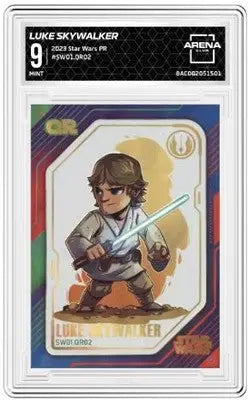 A graded Star Wars PR Luke Luke Skywalker trading card with cartoon illustration