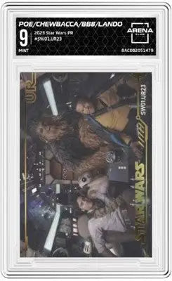 Graded Star Wars trading card featuring wars pr poe, Poe Chewbacca BB8 Lando design