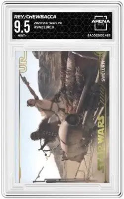 Star Wars PR Rey Chewbacca trading card featuring Rey and Chewbacca in high-grade condition