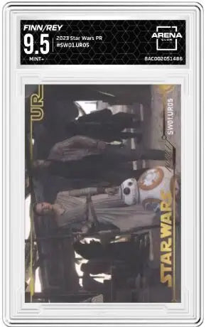 Graded Star Wars Arena Club trading card featuring Rey and Finn from PR Wars 2023
