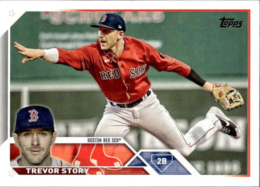 Baseball card of Trevor Story leaping for a catch, representing the Red Sox