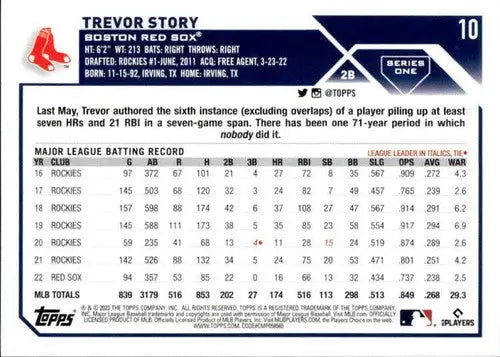 2023 Topps #10 Trevor Story NM-MT Red Sox ID:57962 - Trading Cards