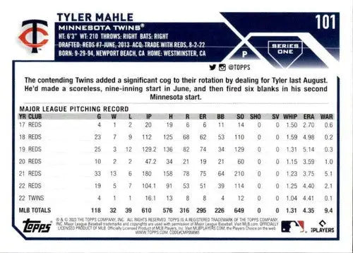 2023 Topps #101 Tyler Mahle NM-MT Twins ID:49558 - Trading Cards