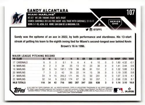 2023 Topps #107 Sandy Alcantara NM Near Mint Marlins ID:49591 - Trading Cards