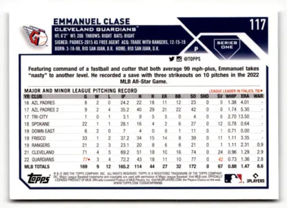 2023 Topps #117 Emmanuel Clase NM Near Mint Baseball Card with original gloss
