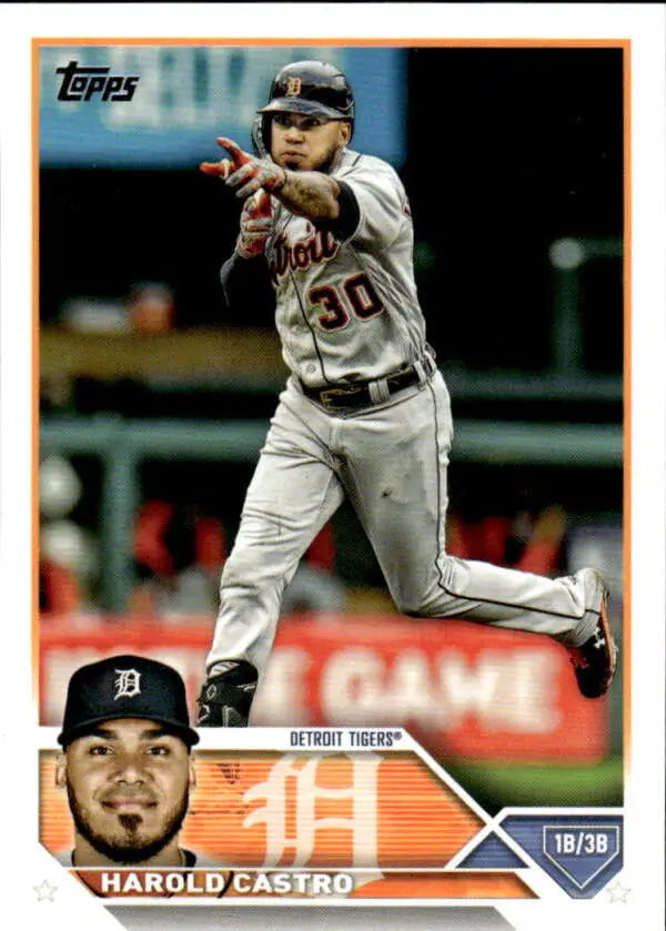 Baseball card of Harold Castro celebrating for the Detroit Tigers in a white uniform