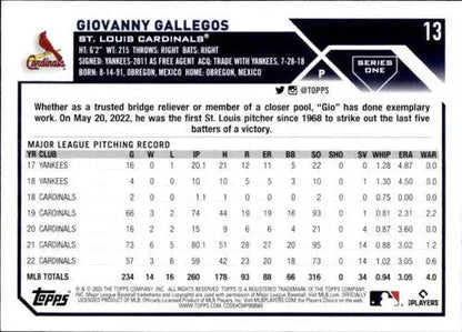2023 Topps #13 Giovanny Gallegos NM-MT Cardinals ID:49638 - Trading Cards