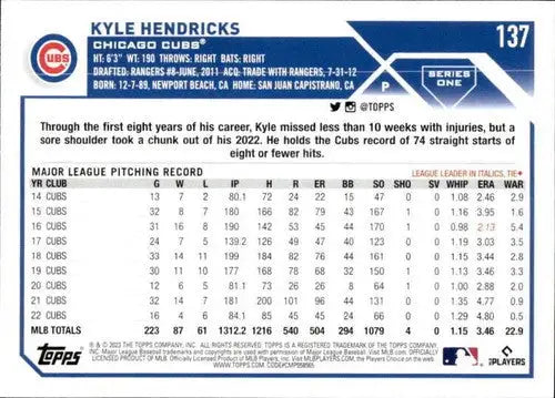 2023 Topps #137 Kyle Hendricks NM-MT Cubs ID:49567 - Trading Cards