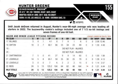 Hunter Greene Cincinnati Reds baseball card from 2023 Topps #155 NM-MT featuring Cincinnati Reds baseball player