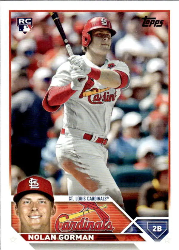 Nolan Gorman St. Louis Cardinals baseball card in white uniform with red helmet