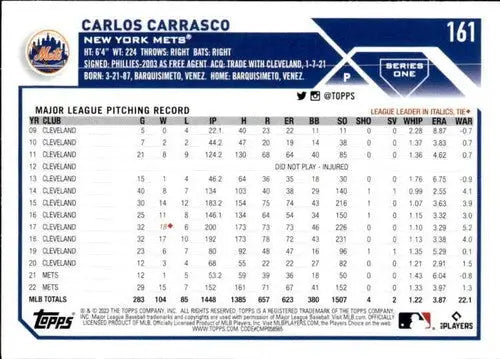 2023 Topps #161 Carlos Carrasco NM-MT Mets ID:57954 - Trading Cards
