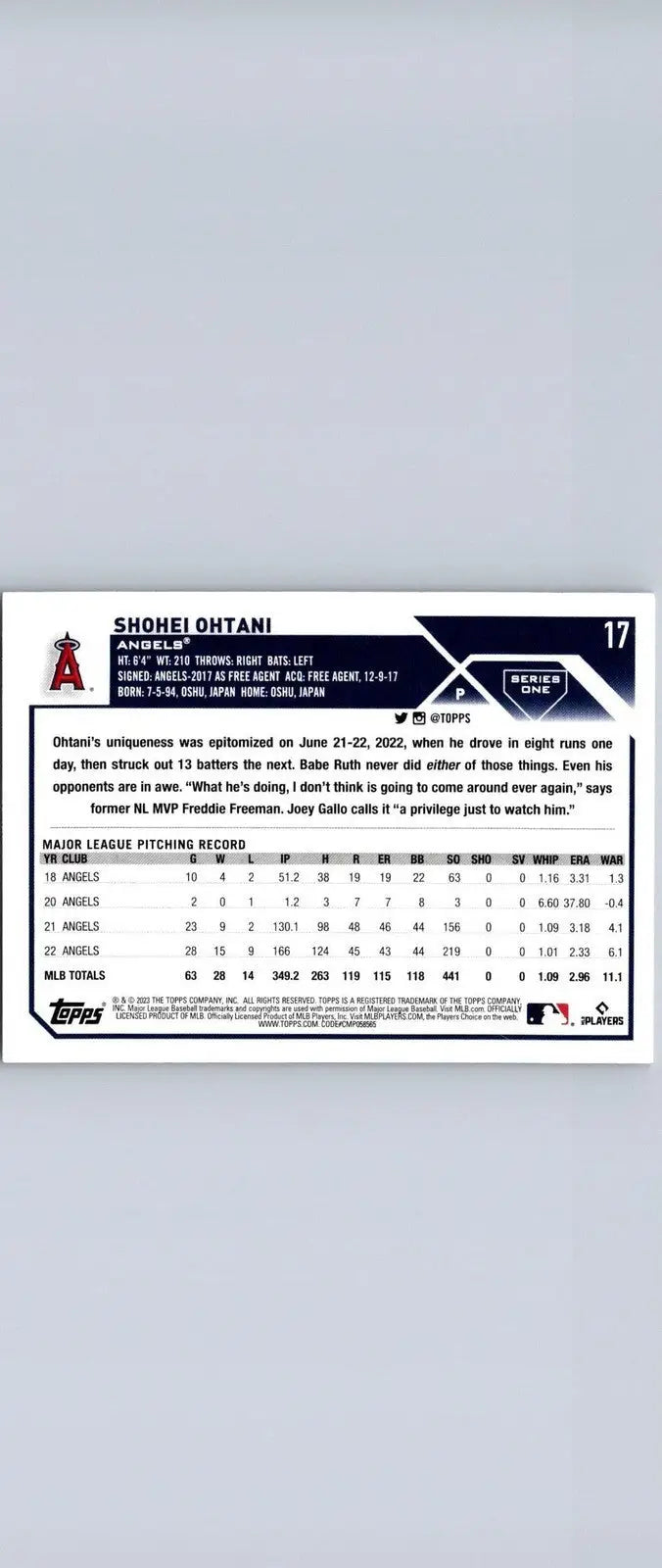 2023 Topps #17 Shohei Ohtani card showcasing vintage stock design for collectors