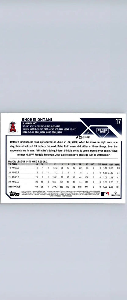 2023 Topps #17 Shohei Ohtani card showcasing vintage stock design for collectors