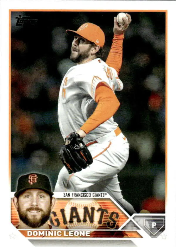 Dominic Leone in mid-throw on a San Francisco Giants baseball card from 2023 Topps