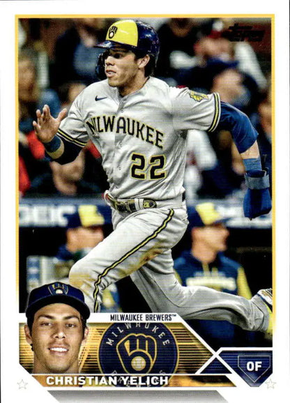 Milwaukee Brewers baseball card featuring Christian Yelich running in road uniform 22