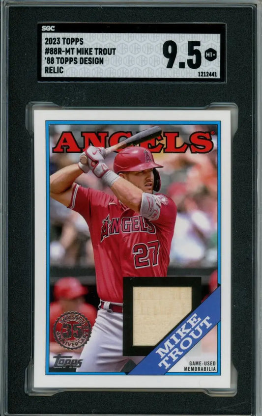 Graded Mike Trout baseball card featuring baseball relic in 2023 Topps series