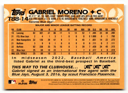 Gabriel Moreno 2023 Topps Toronto Blue Jays Baseball Card showcasing player statistics