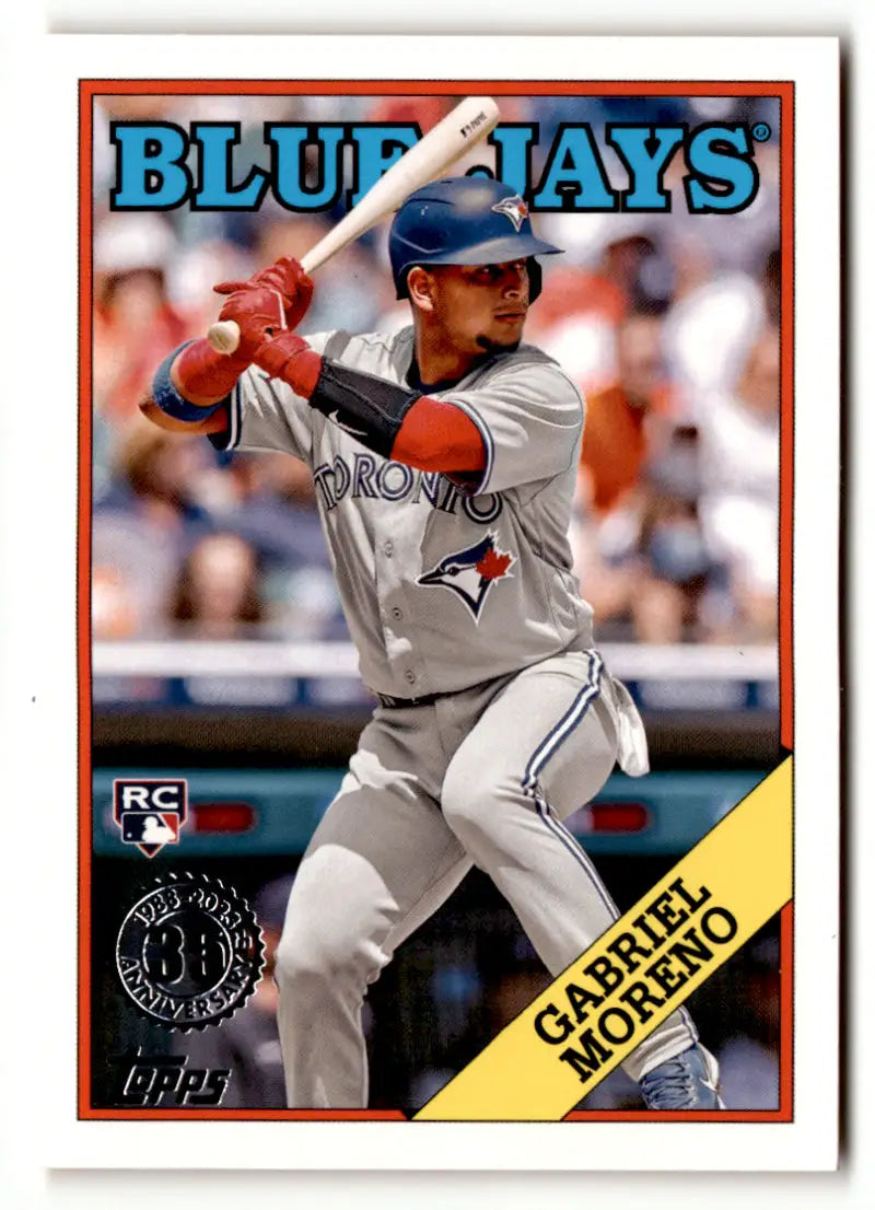 Baseball card of Gabriel Moreno in gray road uniform for Toronto Blue Jays