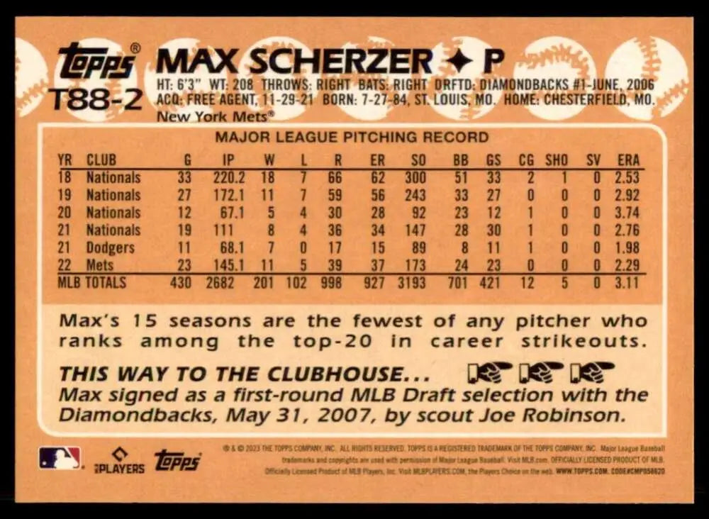 Max Scherzer New York Mets baseball card with MLB pitching stats and career info
