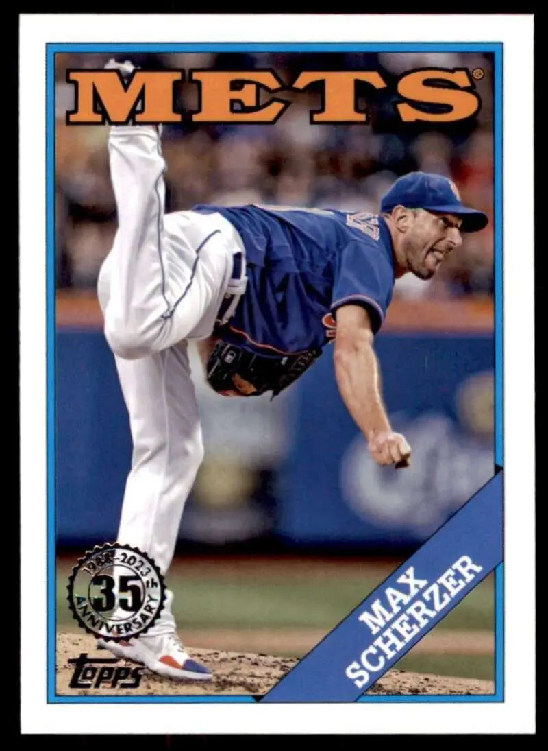 Max Scherzer delivering pitch on 2023 Topps New York Mets Baseball Card