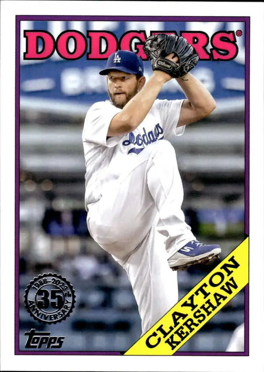 Clayton Kershaw mid-throw in white uniform on Los Angeles Dodgers baseball card
