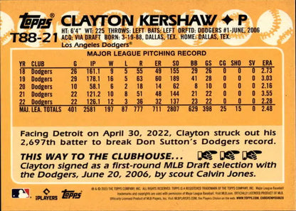 Clayton Kershaw Baseball Card featuring pitching statistics and career highlights