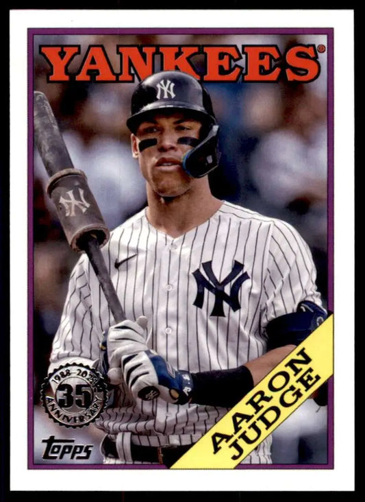 Baseball card of Aaron Judge in pinstripe uniform for New York Yankees 2023 Topps