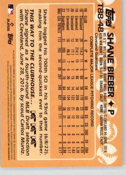 Baseball card featuring Shane Bieber’s stats in orange for Cleveland Guardians fans
