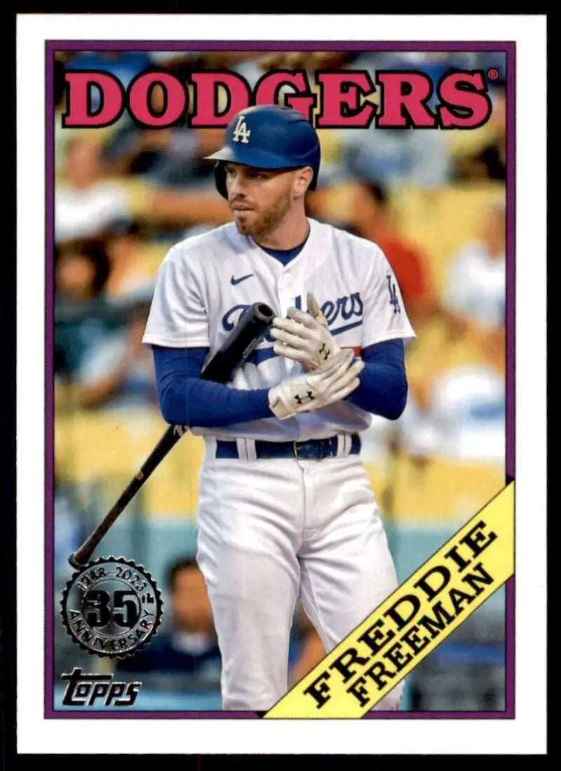Baseball card of Freddie Freeman in white home uniform for Los Angeles Dodgers