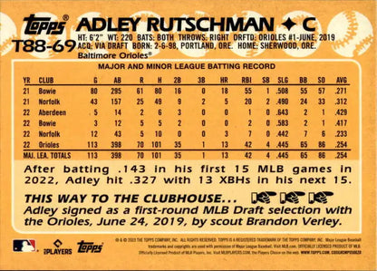 Baseball card featuring Adley Rutschman MLB stats for Baltimore Orioles 2023 Topps
