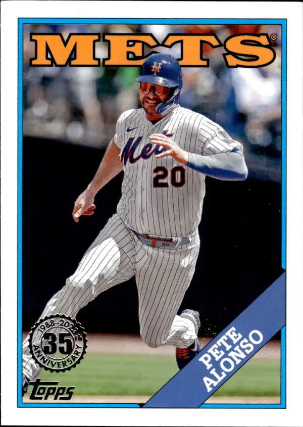 Baseball card of Pete Alonso in pinstripe uniform running the bases for New York Mets