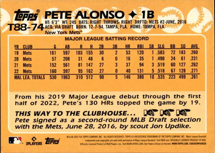 Pete Alonso Baseball Card featuring 2019 MLB batting stats with New York Mets