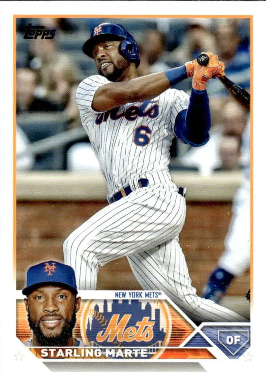 Starling Marte swinging in white pinstriped uniform on New York Mets baseball card