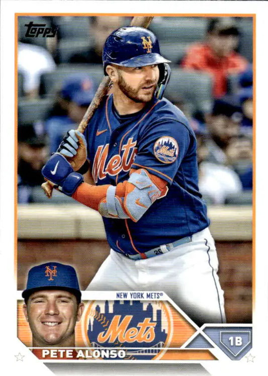 Baseball card of Pete Alonso in blue jersey for New York Mets at bat