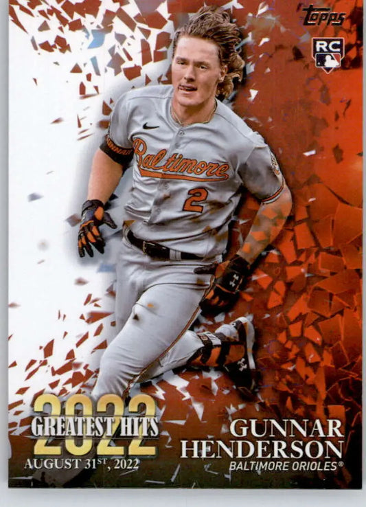 Gunnar Henderson running in a gray Baltimore Orioles uniform on a baseball card