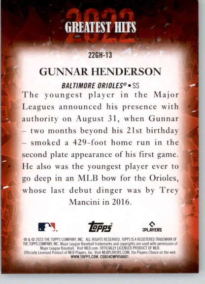 Gunnar Henderson Baltimore Orioles baseball card showcasing Greatest Hits career highlights