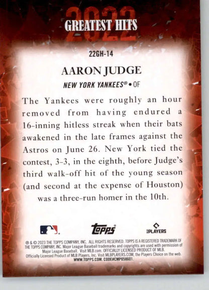 Baseball card of Aaron Judge’s 2022 Greatest Hits moment with the New York Yankees