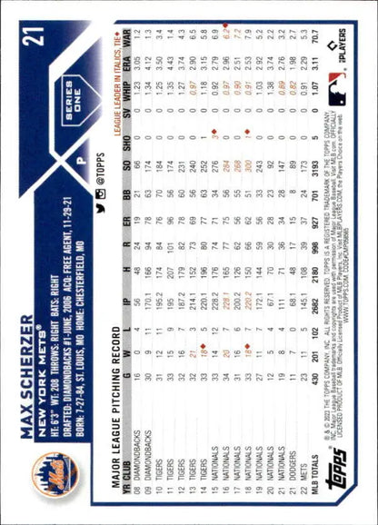 Max Scherzer baseball card featuring New York Mets player statistics and game data