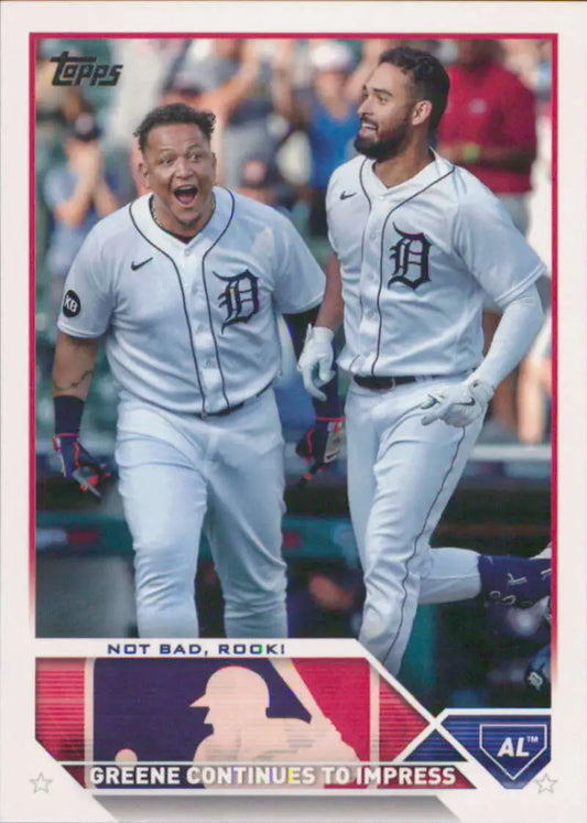 Riley Greene and Detroit Tigers players celebrate on a baseball card from 2023 Topps