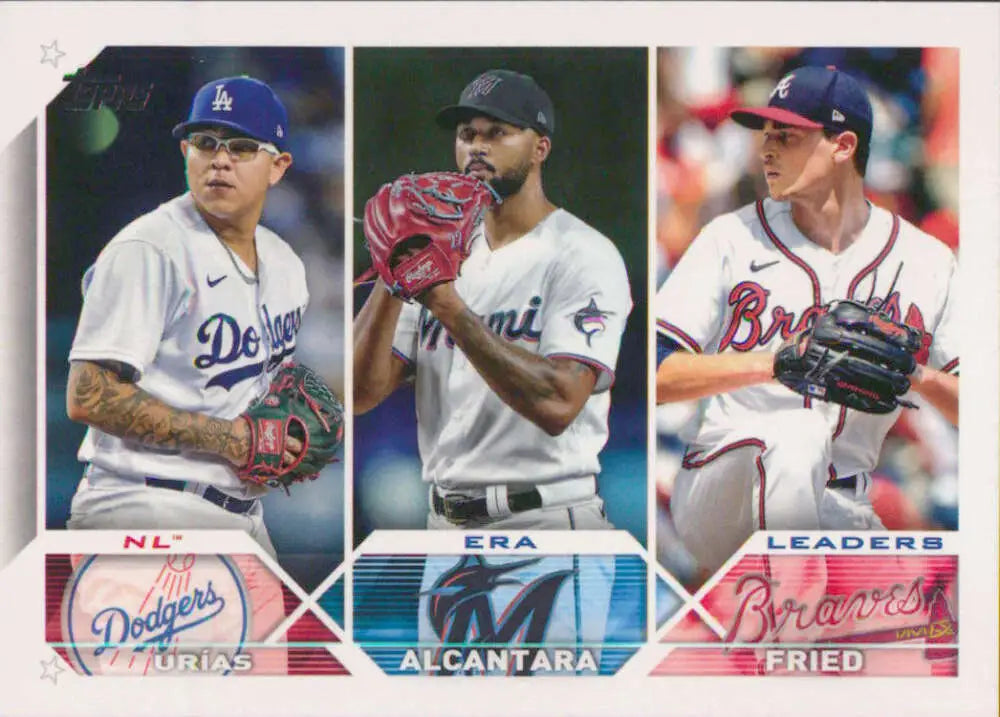 Baseball trading card featuring Max Fried, Sandy Alcantara, and Julio Urias in uniforms