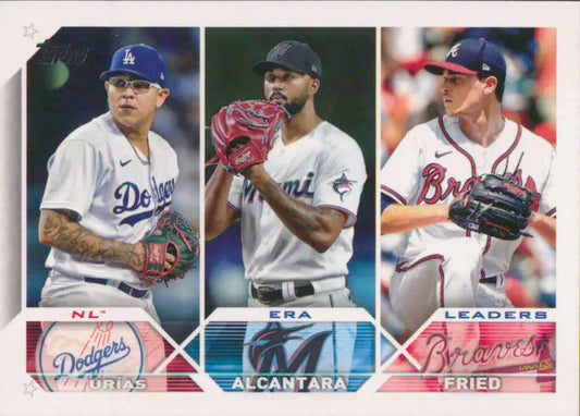 Baseball trading card featuring Max Fried, Sandy Alcantara, and Julio Urias in uniforms