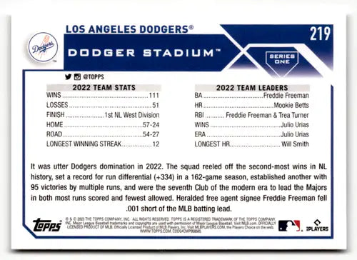 2023 Topps #219 Los Angeles Dodgers NM-MT ID:49554 - Trading Cards