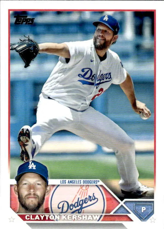 Clayton Kershaw mid-throw in white uniform on 2023 Topps Los Angeles Dodgers card