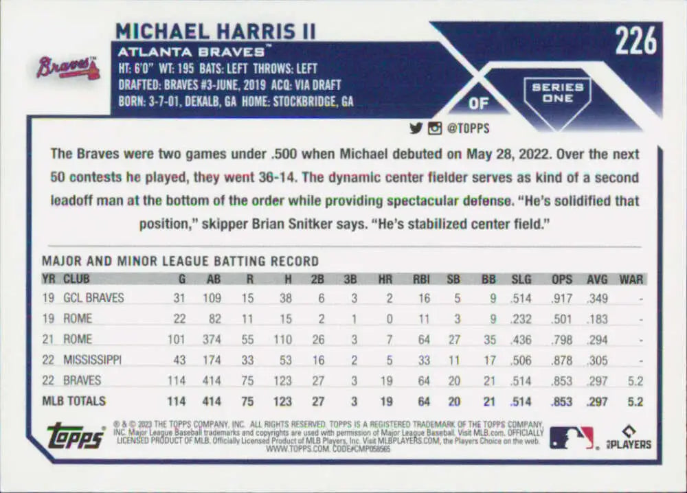 Michael Harris II Atlanta Braves baseball card from 2023 Topps #226 NM-MT RC