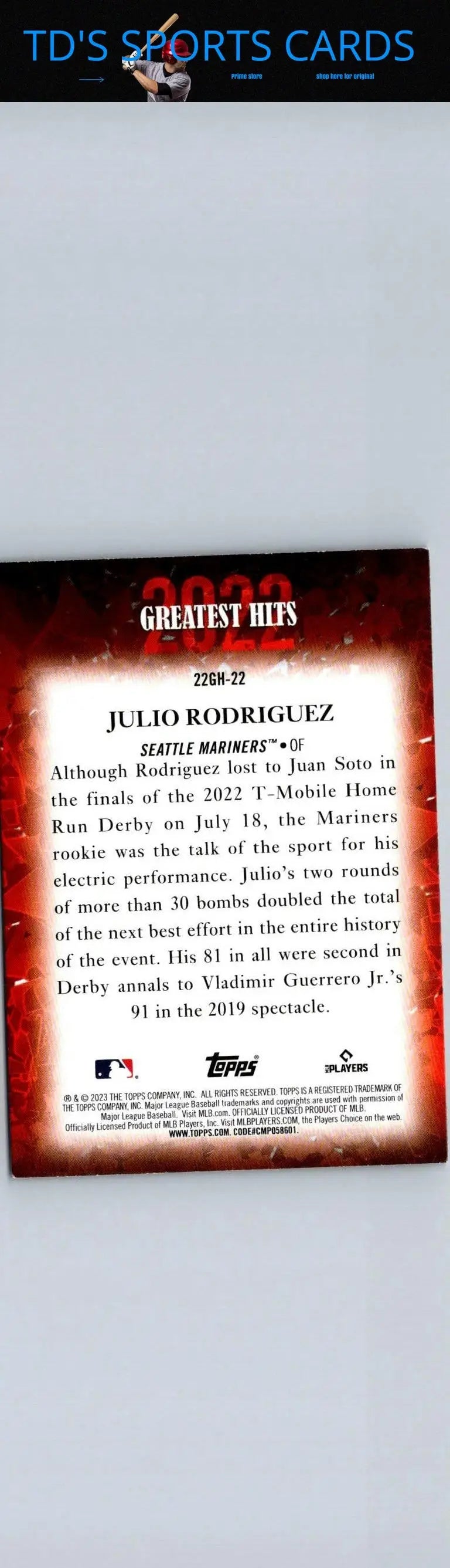 Baseball card back of Julio Rodriguez 2022 Greatest Hits from 2023 Topps #22GH-22