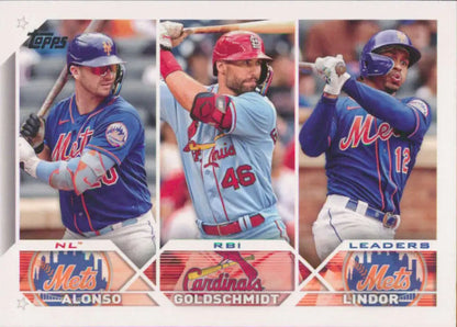 Baseball trading card of Paul Goldschmidt, Pete Alonso, and Francisco Lindor in batting poses