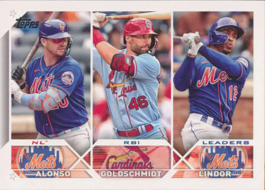 Baseball trading card of Paul Goldschmidt, Pete Alonso, and Francisco Lindor in batting poses