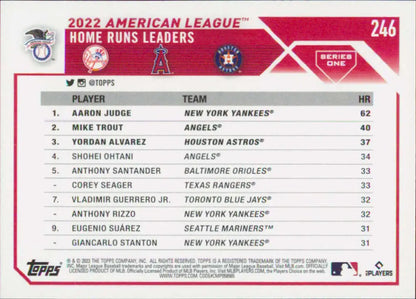 Baseball card featuring 2022 AL home run leaders Aaron Judge, Mike Trout, Yordan Alvarez
