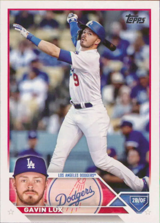 Topps baseball card of Gavin Lux in white Dodgers uniform making a batting motion